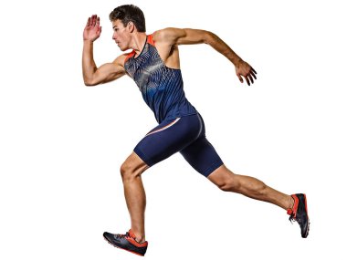 Genç adam atletizm koşucusu hızlı koşuyor izole beyaz arka planı var.