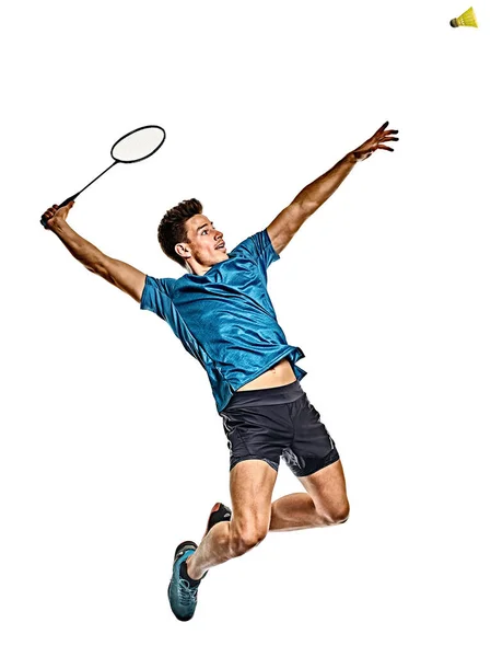 Jugador de bádminton joven aislado fondo blanco — Foto de Stock