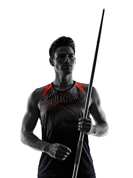 Mladý muž atletika Javelin atlet izolované bílé pozadí — Stock fotografie