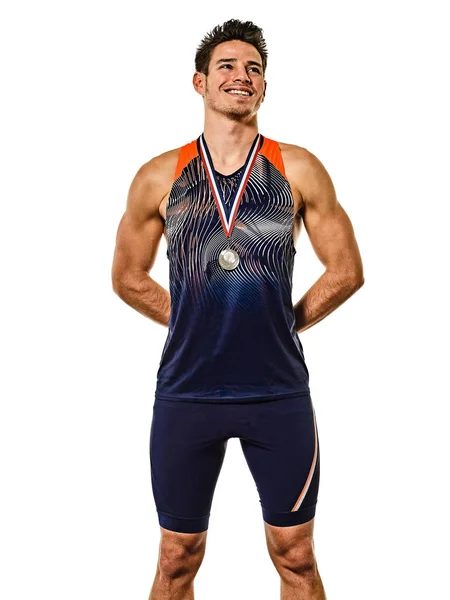 Jongeman atletiek atleet goud medaillewinnaar geïsoleerde witte achtergrond — Stockfoto