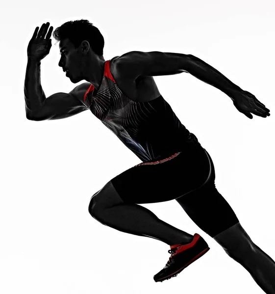 Jovem atlético corredor correndo sprinter sprinting isolado fundo branco — Fotografia de Stock