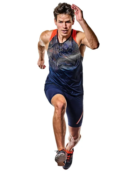Młody człowiek lekkoatletyka biegacz biegnie sprinter sprinting izolowane białe tło — Zdjęcie stockowe