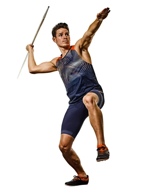 Jovem atleta atleta Javelin isolado fundo branco — Fotografia de Stock