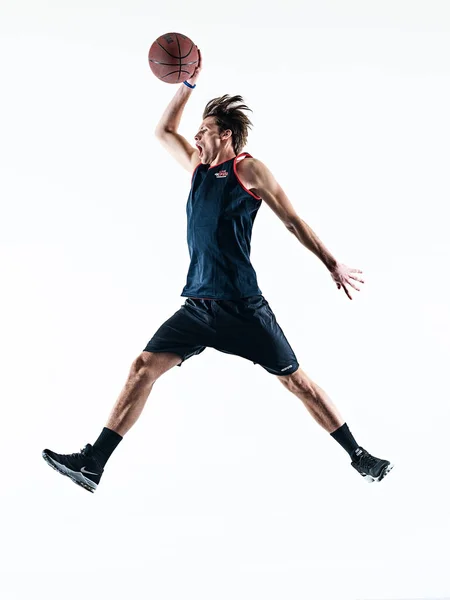 Basket spelare man isolerade siluett skugga — Stockfoto