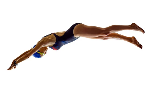 Mujer deporte nadador natación aislado blanco fondo — Foto de Stock