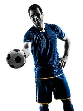 Futbol oyuncu adam ayakta gülümseyen siluet izole