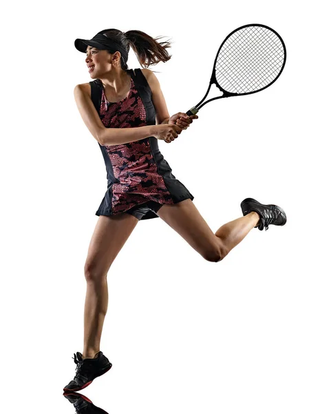 Joven tenis jugador asiático mujer aislado blanco soporte silueta — Foto de Stock