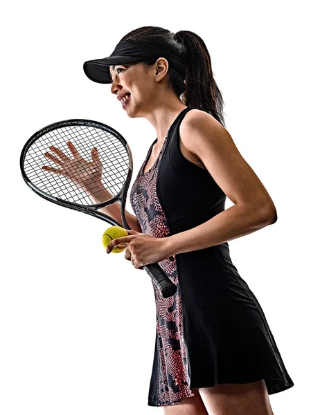 Giovane tennista asiatico donna isolato bianco brackground silhouette — Foto Stock