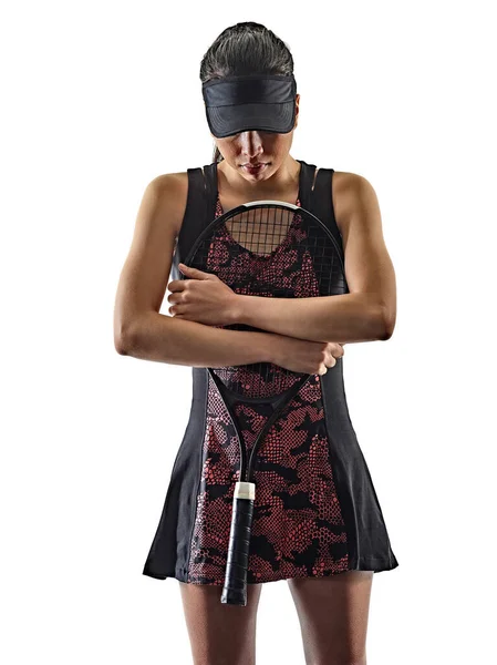 Giovane tennista asiatico donna isolato bianco brackground silhouette — Foto Stock