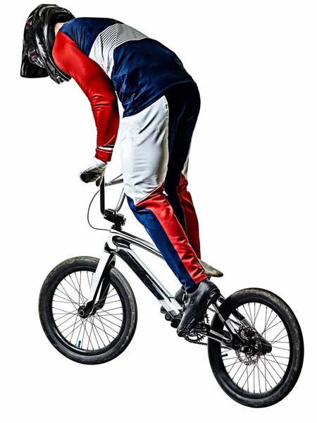 BMX гонщик человек силуэт изолированный белый фон — стоковое фото