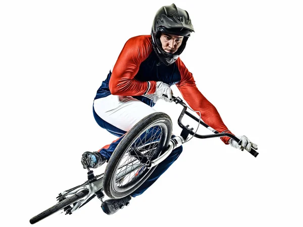 BMX pembalap siluet pria terisolasi latar belakang putih — Stok Foto