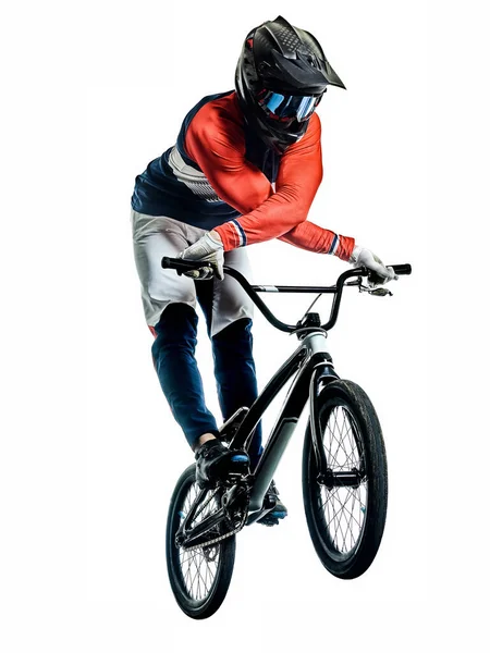 BMX гонщик чоловік силует ізольований білий фон — стокове фото