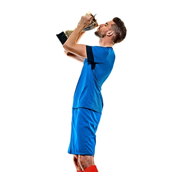 Young soccer player man isolated white background standing — Stock Photo, Image