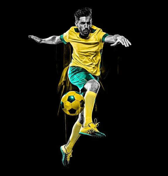 Caucasiano jogador de futebol homem isolado preto fundo luz pintura — Fotografia de Stock