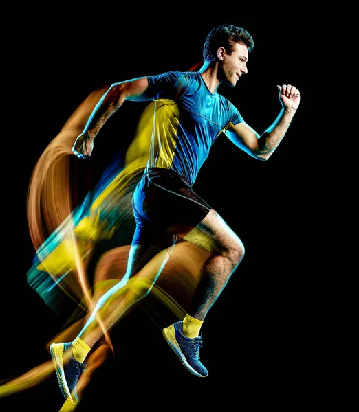 Runner running jogger jogging man isolated light painting black background — Stock Photo, Image