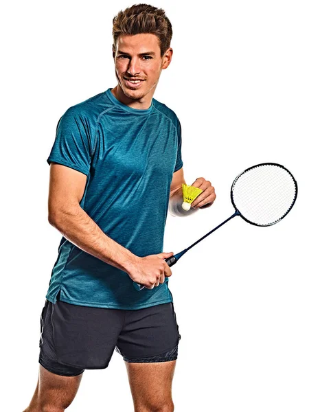 Badminton speler jongeman geïsoleerde witte achtergrond — Stockfoto