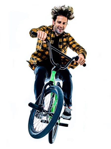 BMX rider cyclist cycling freestyle acrobatic stunt isolated white background — Stock Photo, Image
