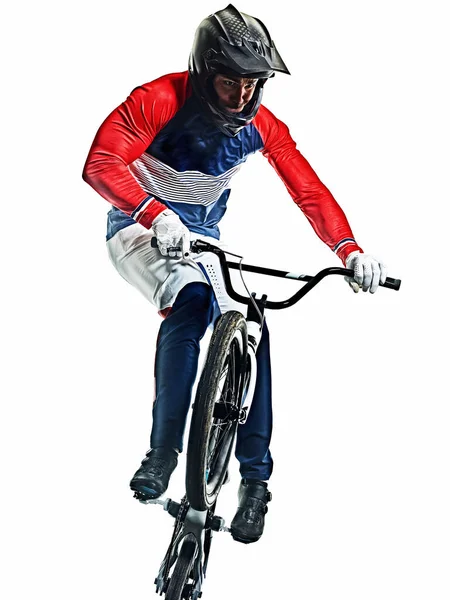 BMX гонщик человек силуэт изолированный белый фон — стоковое фото
