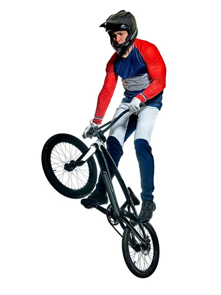BMX racer man silhouette isolated white background — 图库照片