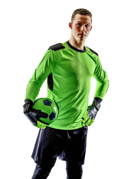 Jugador de fútbol portero hombre silueta sombra aislado fondo blanco —  Fotos de Stock