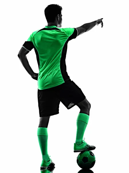 Jong voetbal speler man silhouet schaduw geïsoleerde witte achtergrond — Stockfoto