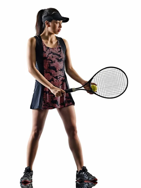 Giovane tennista asiatico donna isolato bianco brackground silhouette — Foto Stock