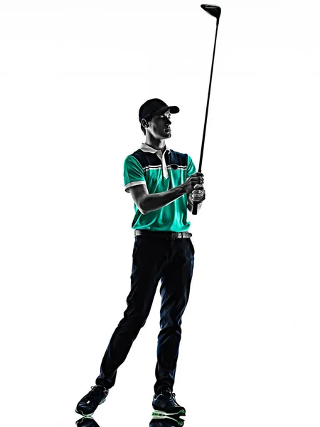Mann Golf Golfer Golf isoliert Schatten Silhouette weißer Hintergrund — Stockfoto
