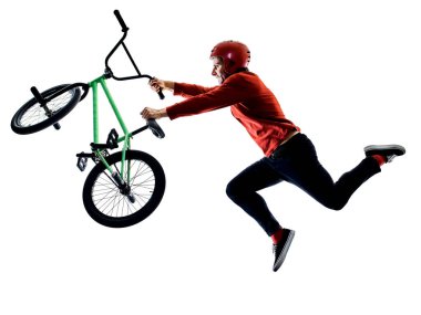 Bmx sürücüsü bisikletçi serbest akrobatik akrobatik dublör izole beyaz arkaplan