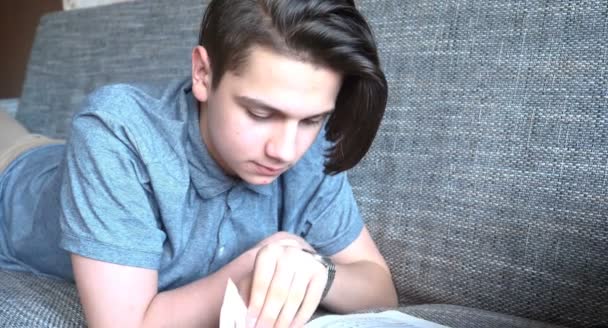 Chico Guapo Adolescente Lee Libro Sobre Sofá Gris Ojos Marrones — Vídeo de stock