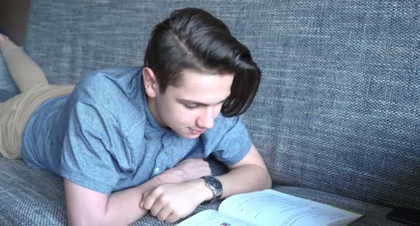 Красивый Мальчик Подросток Читает Книгу Сером Диване Карие Глаза Брюнет — стоковое видео