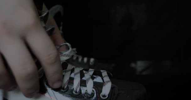 Player Hockey Ties Laces Skates Black Background — Stock Video