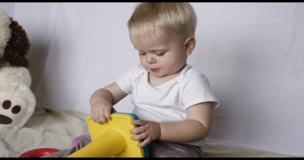 Portrait Beautiful Little Kid Boy Sits Playing Toy Pyramid Blond — Stock Video