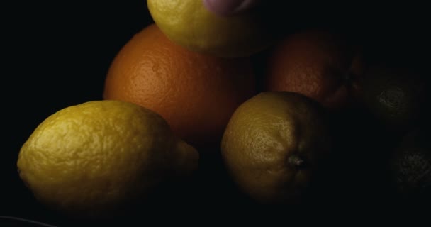 Citrusfélék Citrom Narancs Lime Grapefruit Fekete Háttér — Stock videók