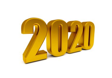 3D illüstrasyon Mutlu yıllar 2020, beyaz arkaplanda üç boyutlu altın renkli harfler