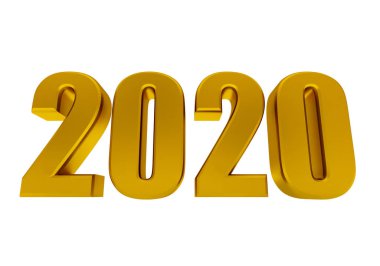 3D illüstrasyon Mutlu yıllar 2020, beyaz arkaplanda üç boyutlu altın renkli harfler