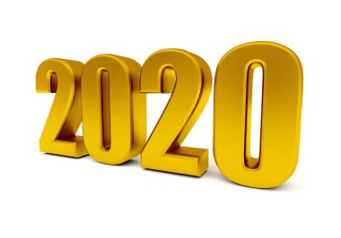 3D illüstrasyon Mutlu yıllar 2020, beyaz arkaplanda üç boyutlu altın renkli harfler