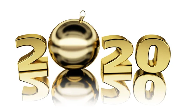 3D illüstrasyon Mutlu yıllar 2020, beyaz arka planda Noel süsleri olan üç boyutlu altın renkli mektuplar 