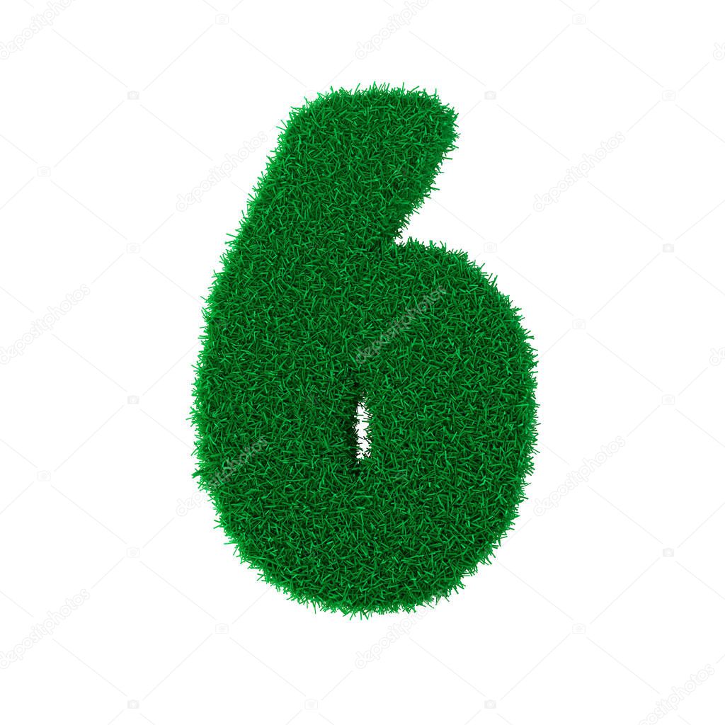 3D illustration. Three-dimensional letters and numbers made of green grass, isolated on a white background, are intended for creating postcards, posters, and inscriptions.