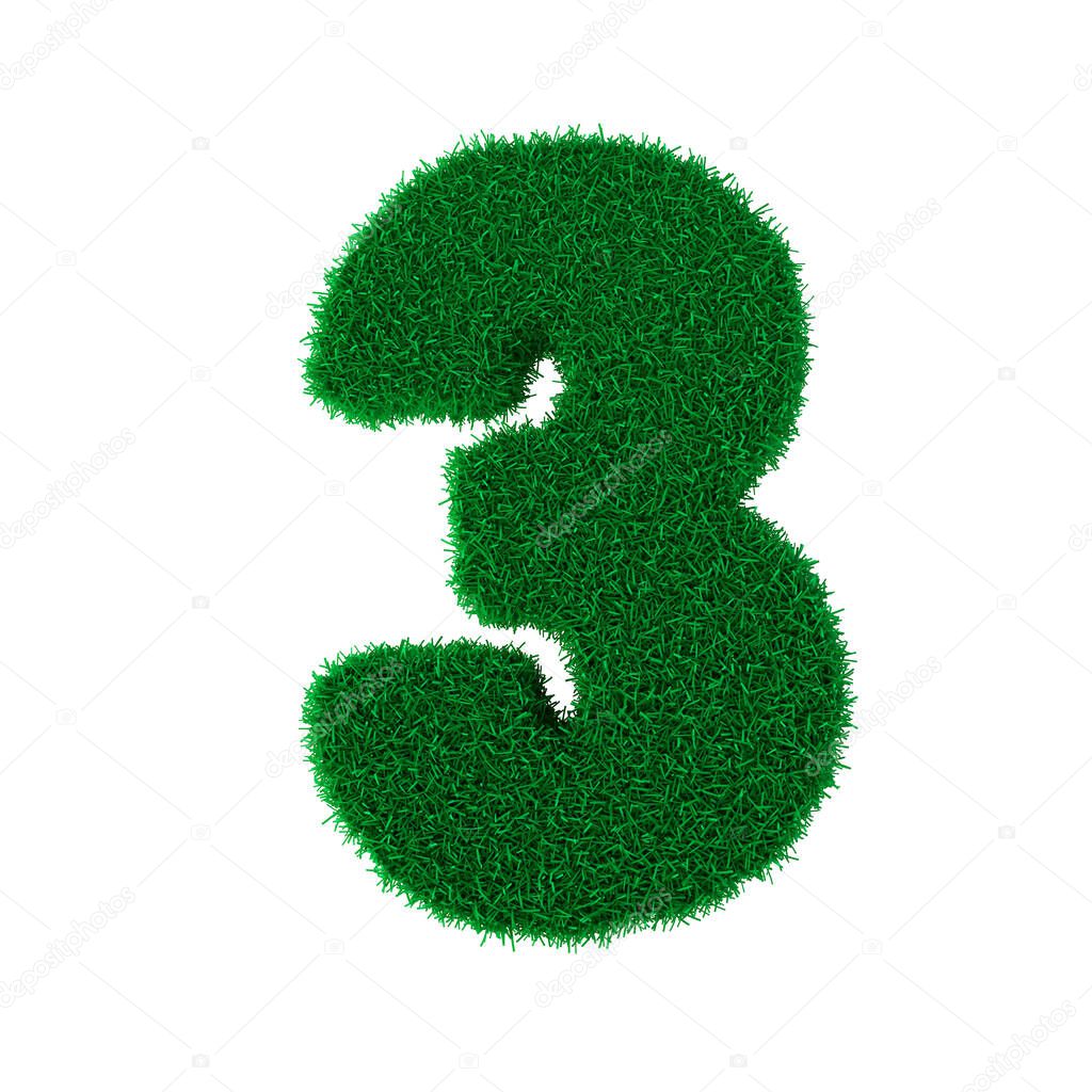 3D illustration. Three-dimensional letters and numbers made of green grass, isolated on a white background, are intended for creating postcards, posters, and inscriptions.