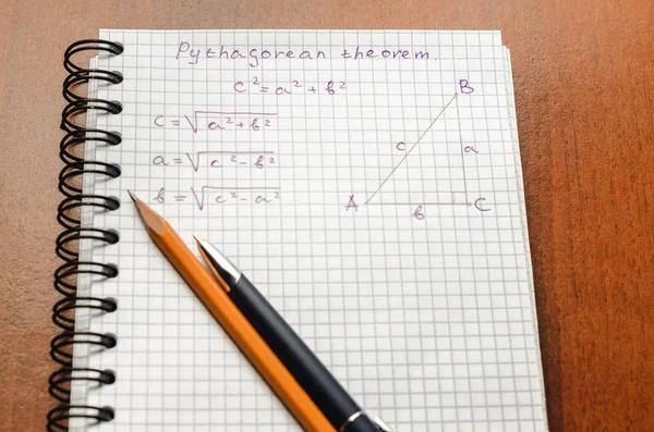 Page with formulas and the Pythagorean theorem close up — Stock Photo, Image