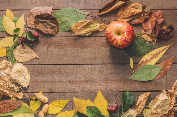 Frame of bright autumn leaves on the boards — Stock Photo, Image