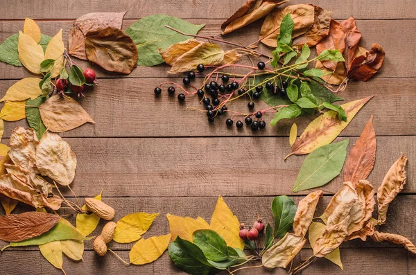 Frame of bright autumn leaves on the boards — Stock Photo, Image