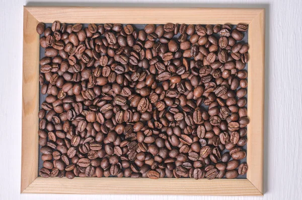 Coffee Beans Wooden Frame White Background Top View Free Copy — Stock Photo, Image