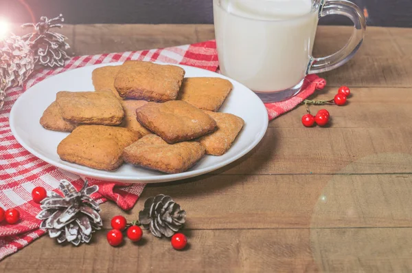 Biscoitos Leite Guardanapo Vermelho Decoração Natal Com Espaço Livre Para — Fotografia de Stock