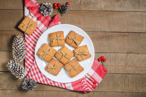 Biscoitos Leite Guardanapo Vermelho Decoração Natal Com Espaço Livre Para — Fotografia de Stock