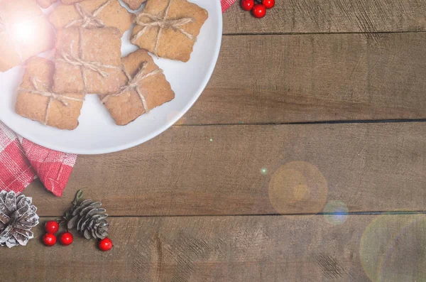 Galletas Leche Una Servilleta Roja Decoración Navidad Con Espacio Libre —  Fotos de Stock