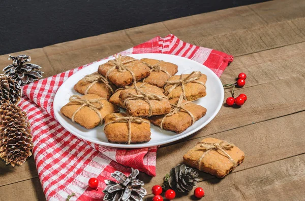 Biscoitos Leite Guardanapo Vermelho Decoração Natal Com Espaço Livre Para — Fotografia de Stock