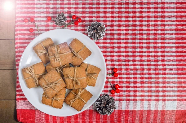 Cookies Decoração Natal Guardanapo Vermelho Vista Superior — Fotografia de Stock