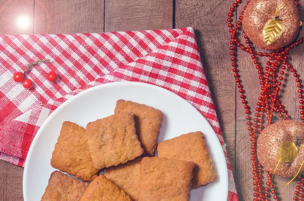 Biscoitos Leite Guardanapo Vermelho Decoração Natal Com Espaço Livre Para — Fotografia de Stock