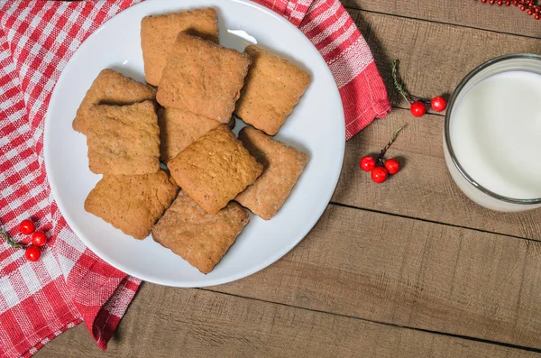 Biscoitos Leite Guardanapo Vermelho Decoração Natal Com Espaço Livre Para — Fotografia de Stock